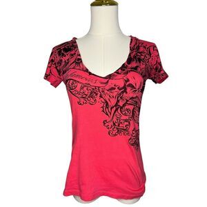 Infamous Women’s Medium V-Neck T-Shirt Magenta Pink Skull Designs Goth Grunge